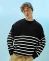 Shop Men's Black Striped Super Loose Fit Flat Knit Sweater-Front