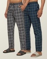 Shop Pack of 2 Men's Black & Blue Super Combed Checkered Pyjamas-Front