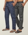 Shop Pack of 2 Men's Black & Blue Super Combed Checkered Pyjamas-Front