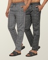 Shop Pack of 2 Men's Grey & Black Super Combed Checkered Pyjamas-Front
