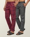 Shop Pack of 2 Men's Maroon & Black Super Combed Checkered Pyjamas-Front