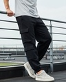 Shop Men's Black Super Loose Fit Brushed Cargo Joggers-Front