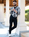 Shop Men's Black & White Abstract Printed Relaxed Fit Velvet Jacket