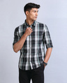 Shop Men's Black & White Corduroy Checked Slim Fit Shirt-Front