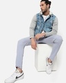 Shop Men's Blue and Grey Color Block Denim Hooded Jacket