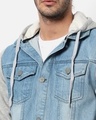 Shop Men's Blue and Grey Color Block Denim Hooded Jacket