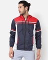 Shop Men's Blue and Red Color Block Hooded Jacket-Front