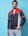 Shop Men's Blue and Red Color Block Hoodie Jacket-Front