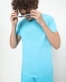 Shop Men's Blue Bachelor Button High Low Round Hem Raglan Oversized T-shirt-Front