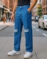 Shop Men's Blue Straight Fit Distressed Jeans-Front