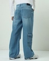 Shop Men's Blue Baggy Straight Fit Distressed Cargo Jeans-Full