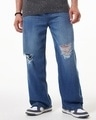 Shop Men's Blue Baggy Straight Fit Ditsressed Jeans-Front