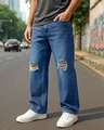 Shop Men's Blue Baggy Ditsressed Jeans-Front