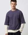 Shop Men's Blue & Beige Layered Oversized T-shirt-Front