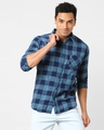 Shop Men's Blue Checked Cotton Shirt-Front