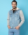 Shop Men's Blue Color Block Denim Hoodie Jacket-Front