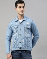 Shop Men's Blue Distress Slim Fit Denim Jacket-Front