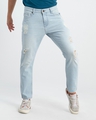 Shop Men's Blue Distressed Relaxed Fit Jeans-Front