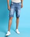 Shop Men's Blue Washed Distressed Slim Fit Denim Shorts-Front