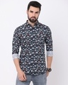 Shop Men's Blue Floral Printed Slim Fit Shirt-Front