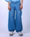 Shop Men's Blue Laser Cut Baggy Oversized Jeans-Front