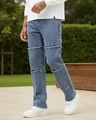 Shop Men's Blue Washed Straight Fit Mid-Rise Panelled Jeans-Front