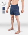 Shop Pack of 3 Men's Blue Super Combed Cotton Checkered Boxer-Front