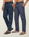 Shop Pack of 2 Men's Blue Super Combed Checkered Pyjamas-Front