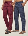 Shop Pack of 2 Men's Maroon & Blue Super Combed Checkered Pyjamas-Front