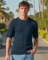Shop Men's Blue Textured Flatknit T-shirt-Front