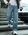 Shop Men's Blue Washed Baggy Fit Distressed Cargo Mid-Rise Jeans-Front