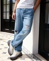 Shop Men's Blue Washed Baggy Fit Distressed Mid-Rise Jeans-Front