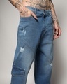 Shop Men's Blue Washed Distressed Oversized Cargo Jeans