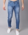 Shop Men's Blue Washed Distressed Slim Fit Jeans-Front