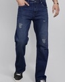 Shop Men's Blue Washed Ripped Bootcut Jeans-Front