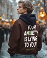 Shop Men's Brown Anxiety Typography Oversized Hoodies-Front