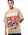 Shop Men's Brown Heroes Beware Graphic Printed Oversized T-shirt-Front