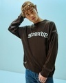 Shop Men's Brown Standard Typography Super Loose Fit Flat Knit Sweater-Front