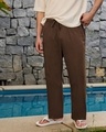 Shop Men's Brown Straight Fit Cotton Linen Pants-Front