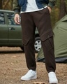 Shop Men's Brown Super Loose Fit Brushed Cargo Joggers-Front