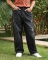 Shop Men's Charcoal Black Washed Straight Fit Distressed Cargo Jeans-Front