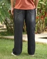 Shop Men's Charcoal Black Washed Straight Fit Distressed Cargo Jeans-Design