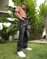 Shop Men's Charcoal Black Washed Straight Fit Distressed Cargo Jeans-Full