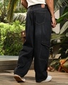 Shop Men's Charcoal Black Washed Straight Fit Distressed Cargo Jeans-Design