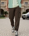 Shop Men's Chocolate Brown Oversized Brushed Cargo Joggers-Front