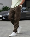 Shop Men's Chocolate Brown Oversized Brushed Cargo Joggers-Front