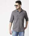 Shop Men's Dark Grey Casual Twill Over Dyed Slim Fit Shirt-Front