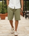 Shop Men's Dark Olive Green Oversized Cotton Linen Shorts-Front