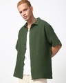 Shop Men's Dark Olive Green Textured Oversized Shirt-Front