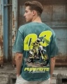 Shop Men's Dark Sea Green Pure Moto Graphic Printed Oversized Acid Wash T-shirt-Front